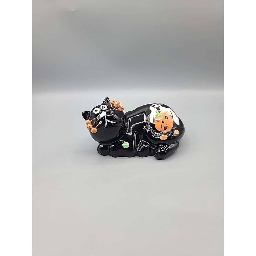 Whimsical Ceramic Cat Figurine Black with Polka Dots Halloween Pumpkin Figurine